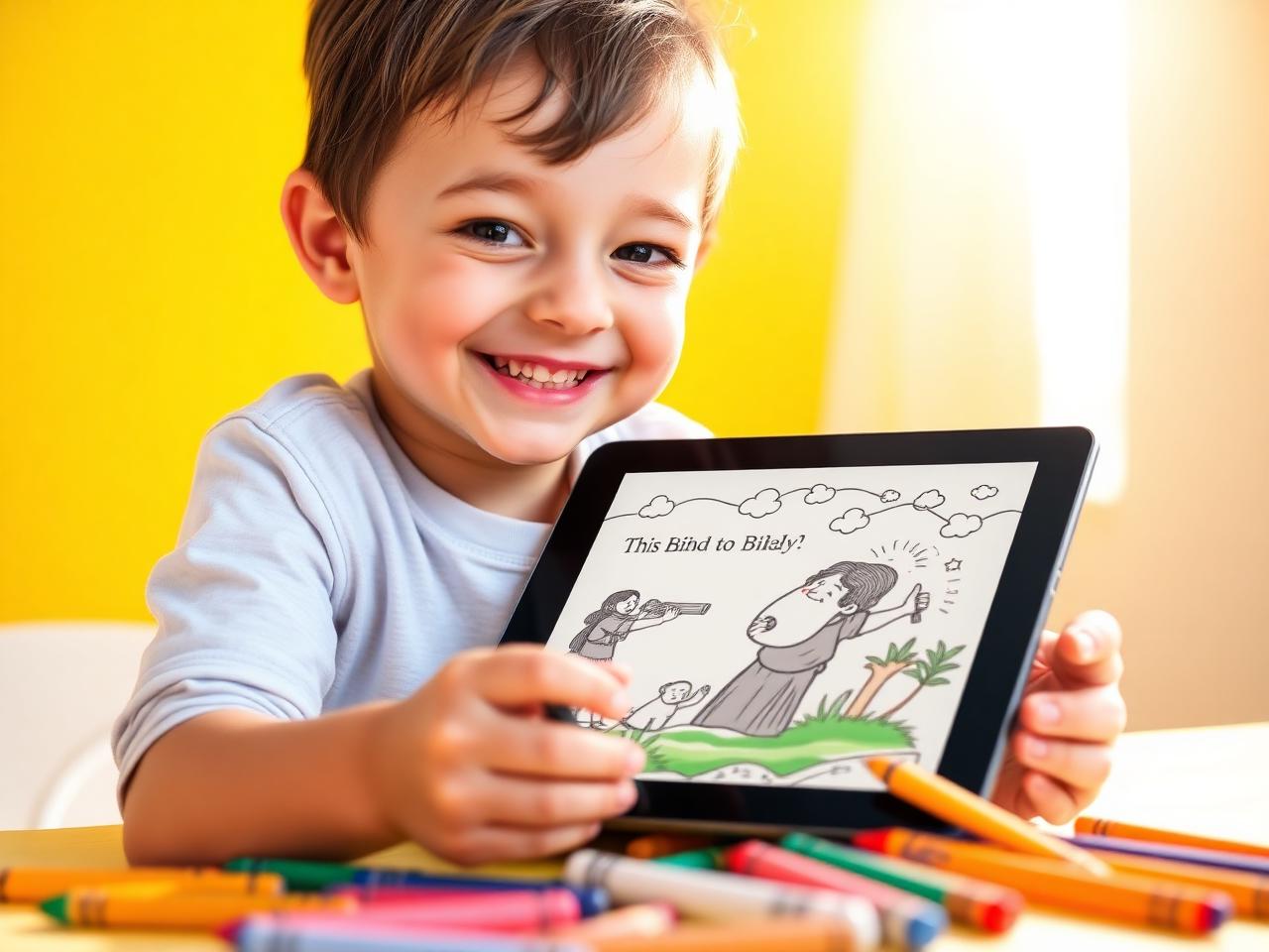 Criança feliz usando o app Reino das Cores
